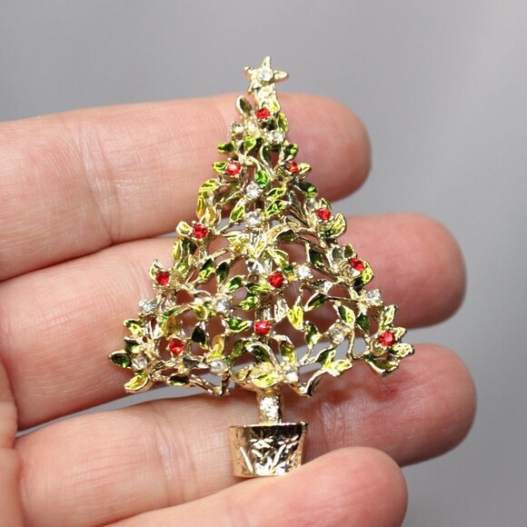 Vintage Gold Tone Christmas Tree with Red and Clear Rhinestones - Picture 9 of 10